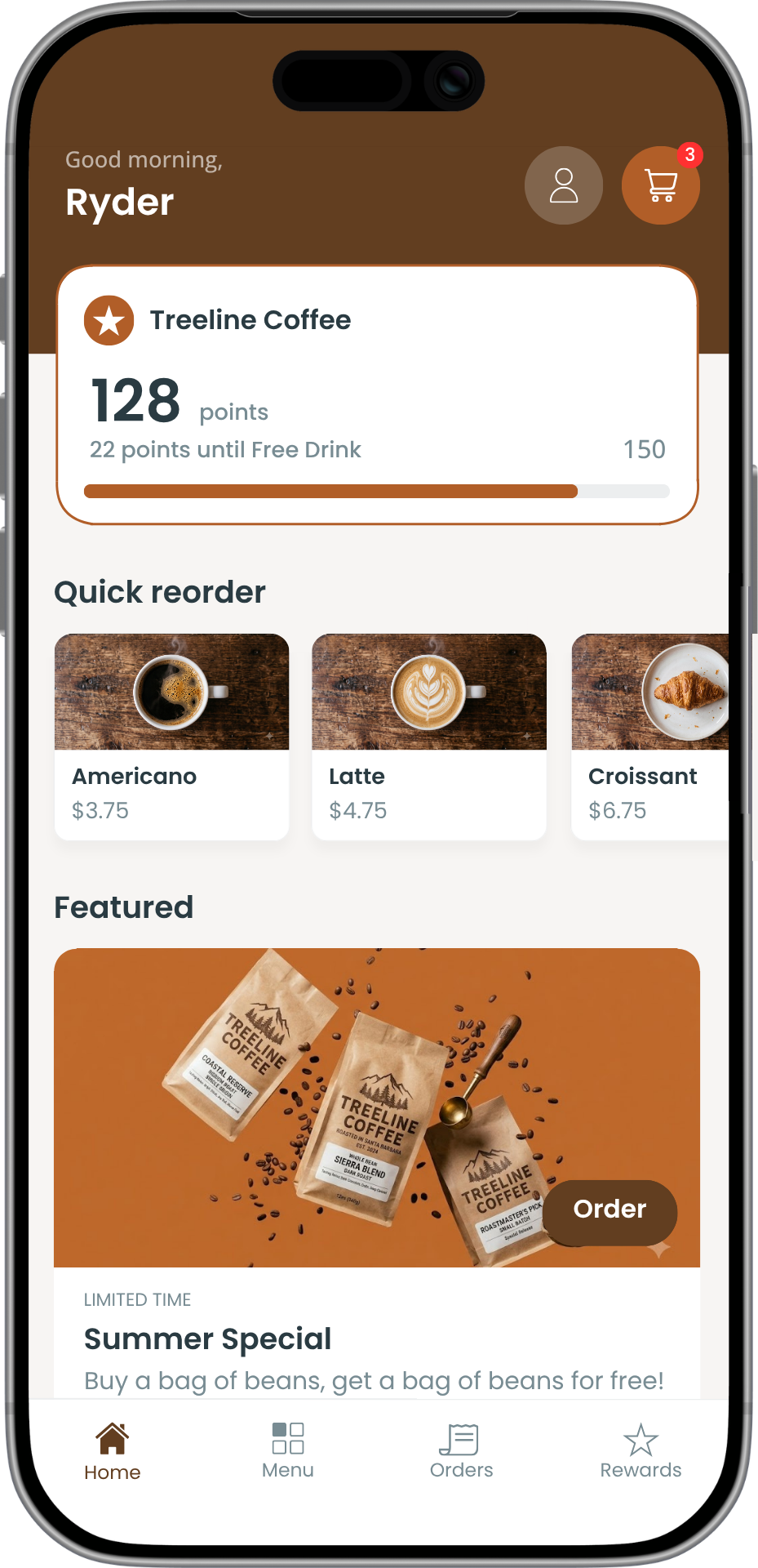 Branded coffee shop app — home screen with loyalty and quick reorder