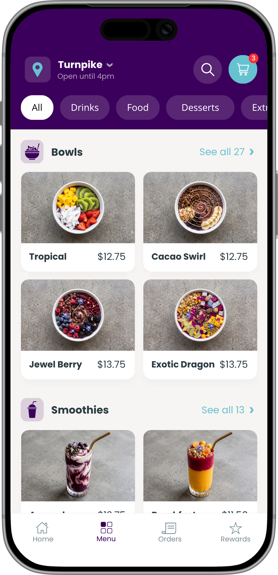 Branded açaí bowl shop app — photo menu