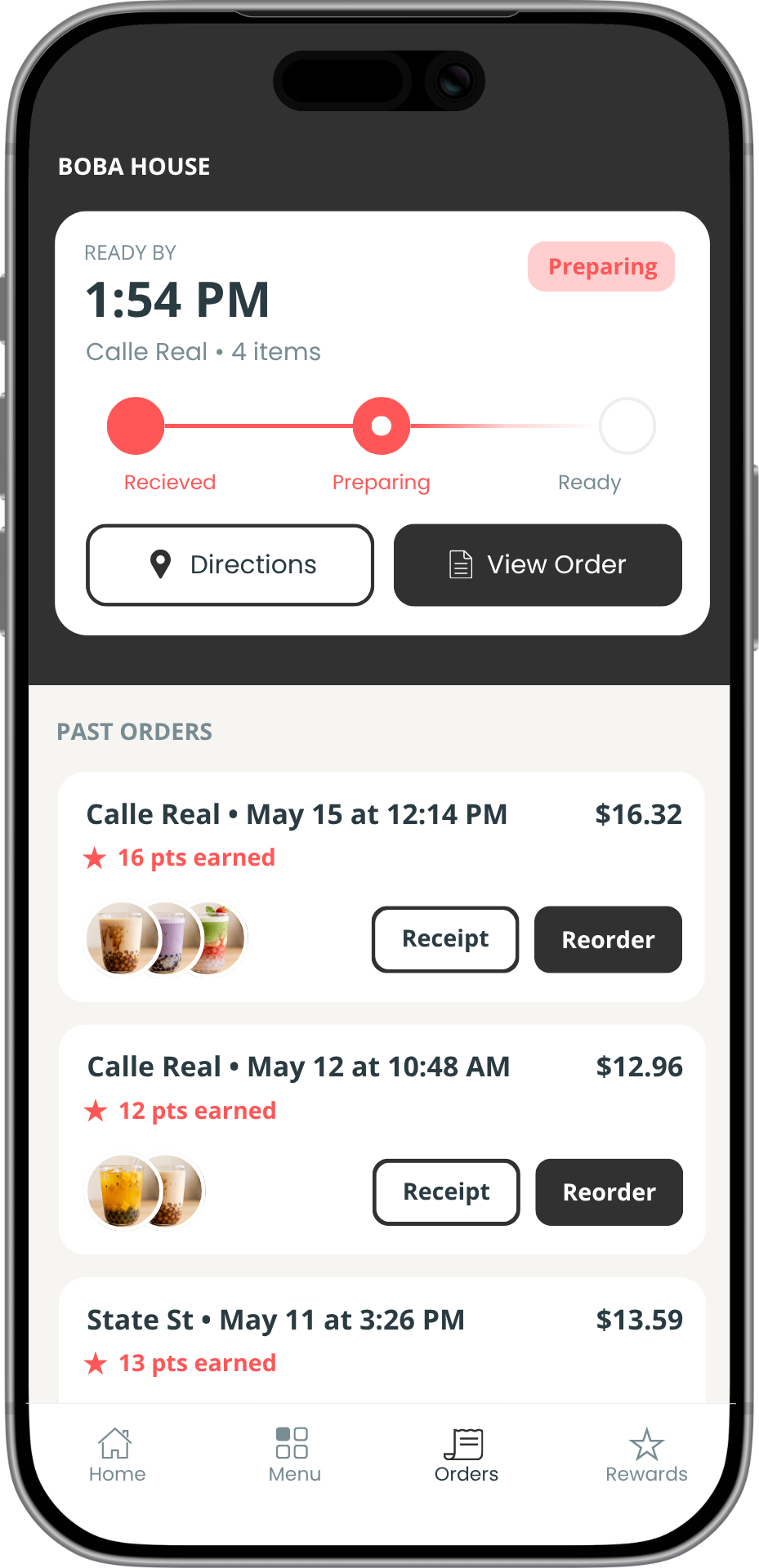 Branded boba shop app — order tracking